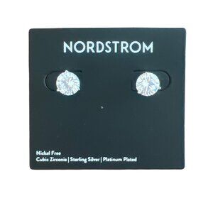 Nordstrom CZ Sterling Silver Solitaire Stud Earrings Platinum Plated New on Card